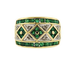 14k Gold Diamond Emerald Dome Ring