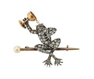 Antique 14K Gold Platinum Pearl Frog Brooch Pin