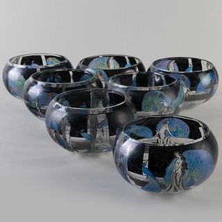 Set of Seven Art Deco Enameled Glass Finger Bowls