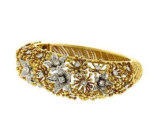 Large 18k Gold Diamond Flower Bangle Bracelet