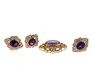 18K Gold Diamond Amethyst Earrings Ring Pendant Set