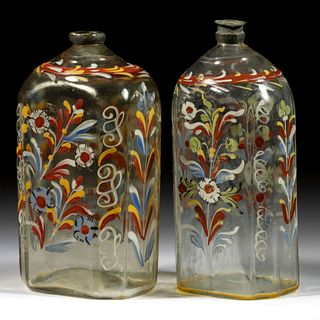 HALF-POST BLOWN AND DECORATED "STIEGEL-TYPE" BRIDE'S / DRUG BOTTLES, LOT OF TWO