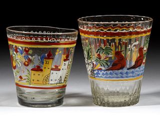 BLOWN AND DECORATED "STIEGEL-TYPE" TUMBLERS, LOT OF TWO