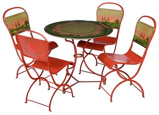 Vintage Polychrome Painted Metal Bistro Table and Four Side Chairs 