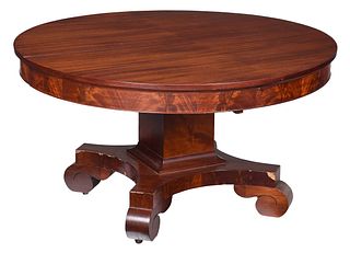 American Late Classical Figured Mahogany Pedestal Dining Table