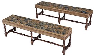 Two Similar Baroque Needlework Upholstered Long Benches