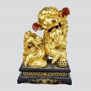Large Chinese Carved Wood Foo Dog Group