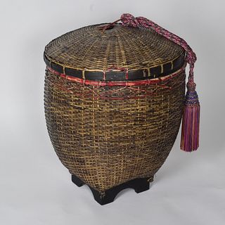 Vintage Chinese Woven Covered Basket