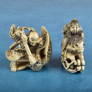Two Antique Japanese Carved Miniature Figurines