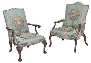 Two George III Style Carved Mahogany and Lee Jofa Upholstered Armchairs