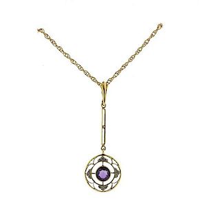 14K Gold Purple Stone Dangle Pendant Necklace