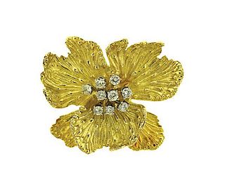 18K Gold Diamond Flower Brooch Pendant