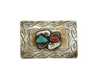 Sterling Silver Turquoise Coral Belt Buckle