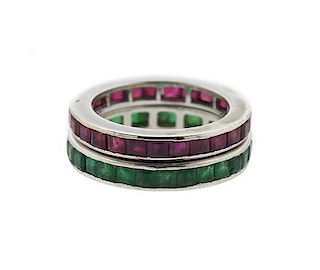 18k Gold Emerald Ruby Eternity Band Ring Set of 2