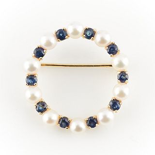 14k Yellow Gold Cultured Pearl and Sapphire Pin