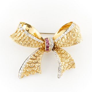 18k Gold Bow Brooch with Diamonds and Rubies