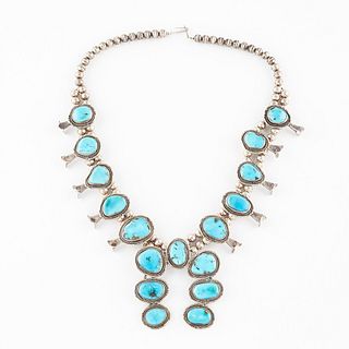 Turquoise and Silver Squash Blossom Necklace