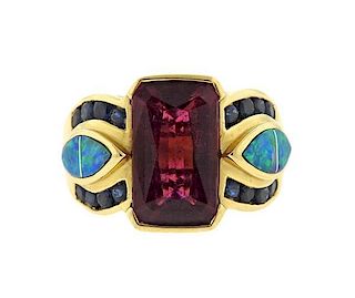 18K Gold Pink Stone Sapphire Opal Ring