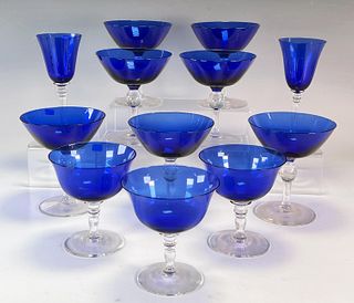 LOT OF BLUE GLASS CHAMPAGNE GLASSES & CORDIALS