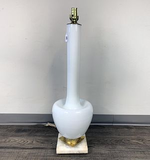 TALL MID CENTURY WHITE ART GLASS TABLE LAMP