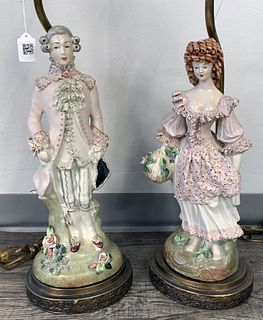 PAIR TABLE LAMPS WITH PORCELAIN COURTING COUPLES 
