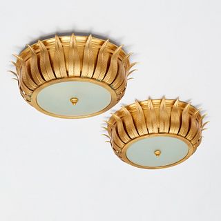 Pair Alexa Hampton gilt metal ceiling lights
