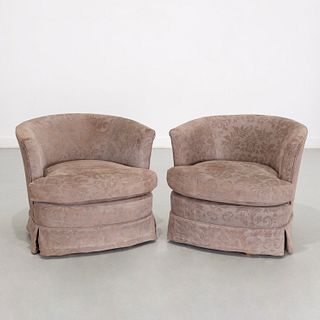 Pair Milo Baughman style suede swivel chairs