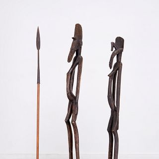 Pair Senufo Peoples figures and a spear