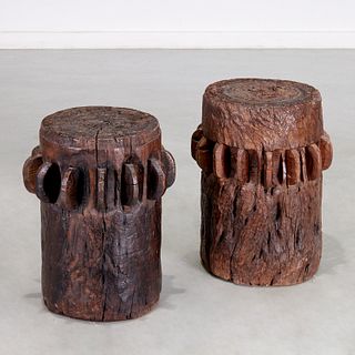 Pair Indonesian sugar cane grinder stools