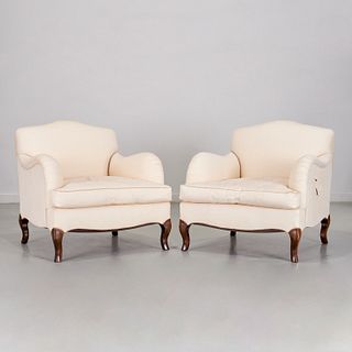 Pair custom designer upholstered club chairs
