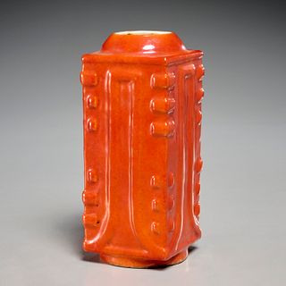 Chinese monochrome red cong vase