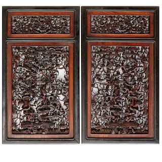 Nice pair Chinese carved hardwood panels