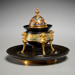 F. Barbedienne bronze and champleve inkwell