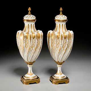 Pair Paris bronze mounted porcelain urns