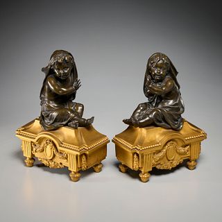 Pair Louis XVI bronze allegorical chenets