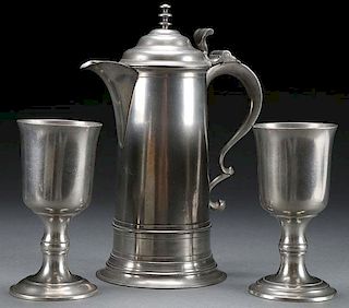 AMERICAN PEWTER FLAGON AND CHALICE SET, BOARDMAN