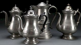 3 EARLY AMERICAN PEWTER COFFEE POTS & FLAGON