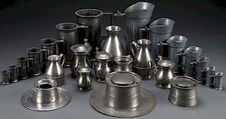 A COLLECTION OF PEWTER MEASURES AND INKWELLS