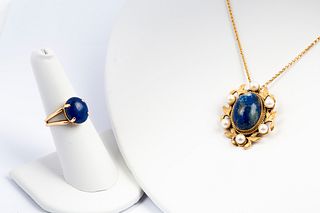 14K Gold, Lapis and Pearl Necklace and Ring
