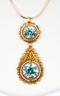 A Yellow Gold, Blue Zircon and Seed Pearl Drop Necklace