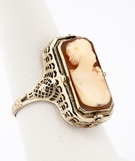 An Antique 14K Gold Filigree Onyx and Cameo Flip Ring