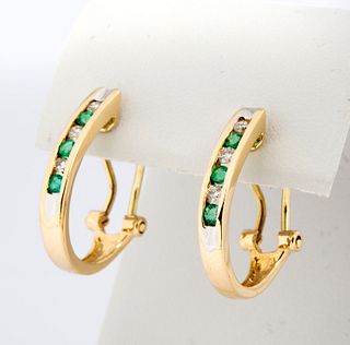 Emerald, Diamond and 14K Yellow Gold Hoop Earrings