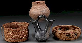 4 NATIVE AMERICAN BASKETS AND POTTER