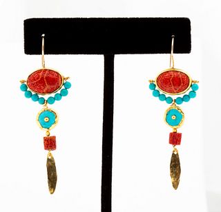 Designer Nava Zahavi Gold, Coral and Turquoise Gemstone Earrings