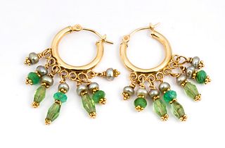 Artisan 14K Gold, Pearl and Gemstone Hoop Earrings