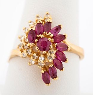 A Vintage 14K Gold Ruby and Diamond Waterfall Ring