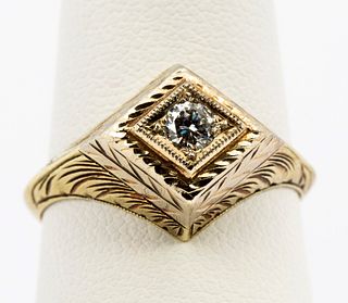 A Diamond and 14K Gold Hand Engraved Ring