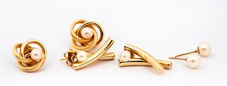 14K Gold Earring Jackets and Three Pearls Pearl Earrings