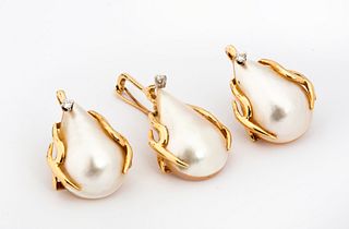 14K Gold, Mabe Pearl and Diamond Ear Clips and Pendant
