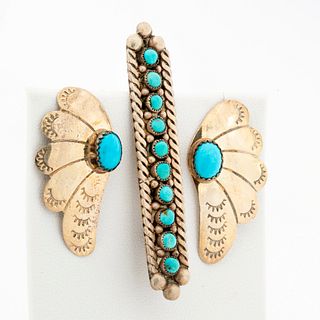 Silver and Turquoise Earrings and Brooch